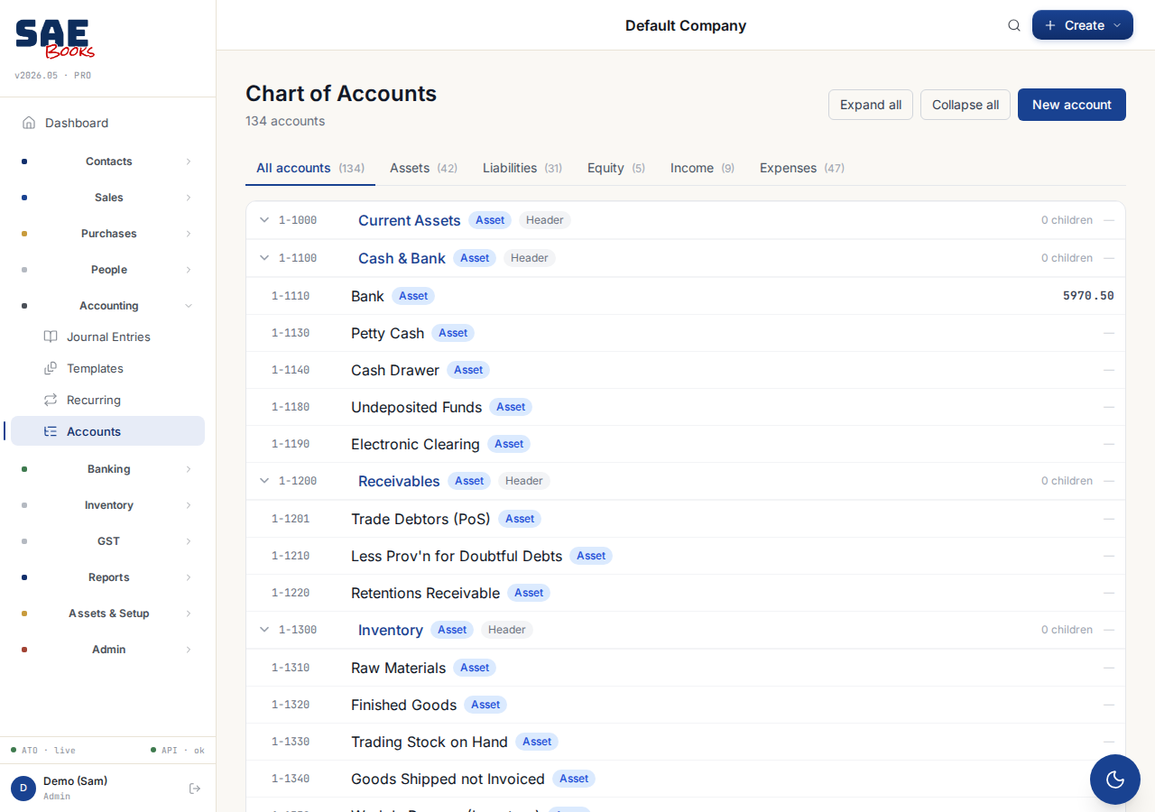 SAE Books chart of accounts — the AU standard, 134 accounts