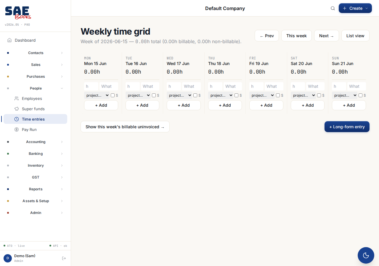 SAE Books weekly time grid — log billable hours by day and project